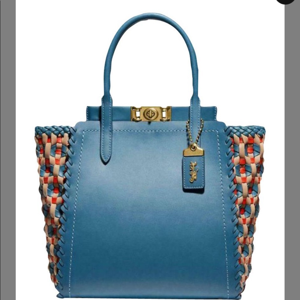 Coach Troupe Tote Weaving Multi Handbag New Lake Blue Brass Leather Shoulder Bag